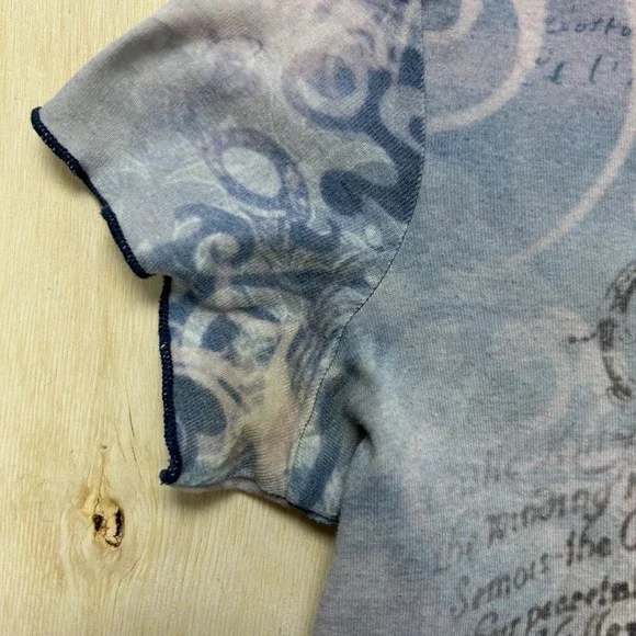 Y2K Xcit U.s.a. Shirt Womens Small Blue Scroll Script Rhinestone V Neck Top - Picture 4 of 9